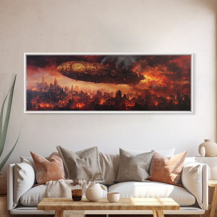 Steampunk Airship Over Burning Futuristic City Wall Art, Dystopian Sci Fi Canvas Print, Dark Industrial Office Decor, Man Cave Art