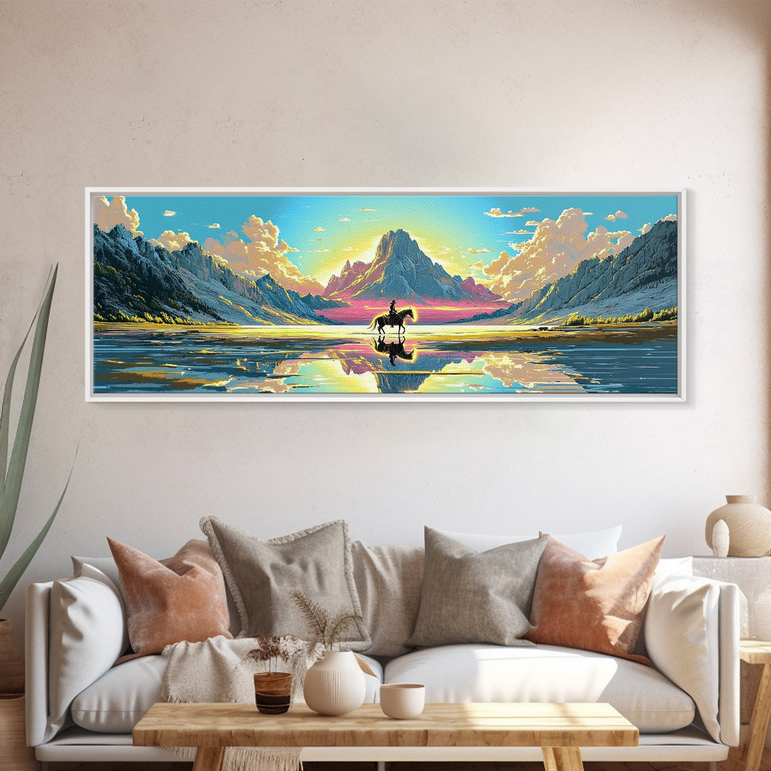 Solitary Rider At Mirror Lake Canvas Print, Western Mountain Landscape Art, Panoramic Wall Art, Rustic Decor, Gift For Him