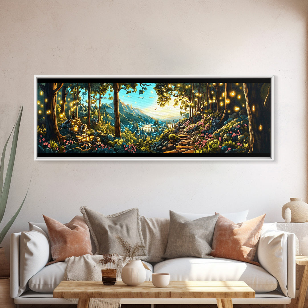 Enchanted Forest Path With Lanterns Wall Art, Mountain Valley Landscape Print, Whimsical Decor, Large Panoramic Canvas Art