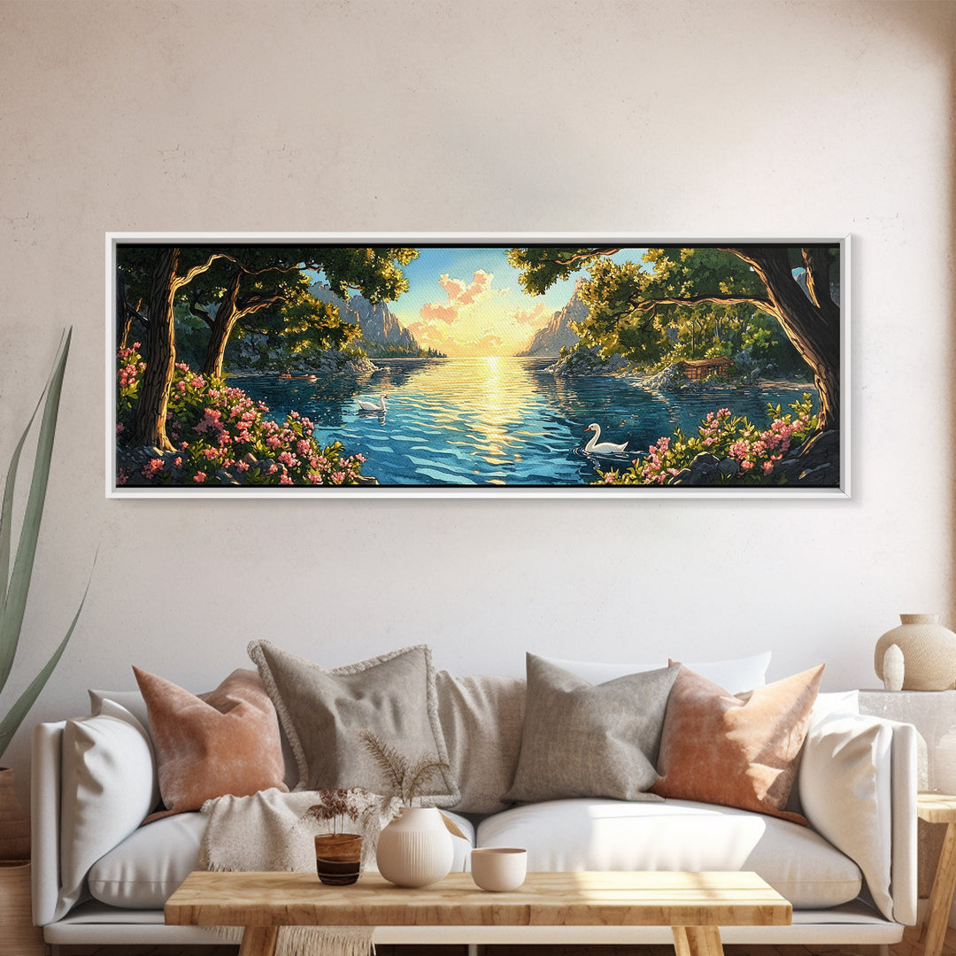 Golden Lakeside Sunset With Swan Wall Art, Romantic Coastal Canvas Print, Serene Landscape Decor, Large Above Bed Art For Bedroom Decor