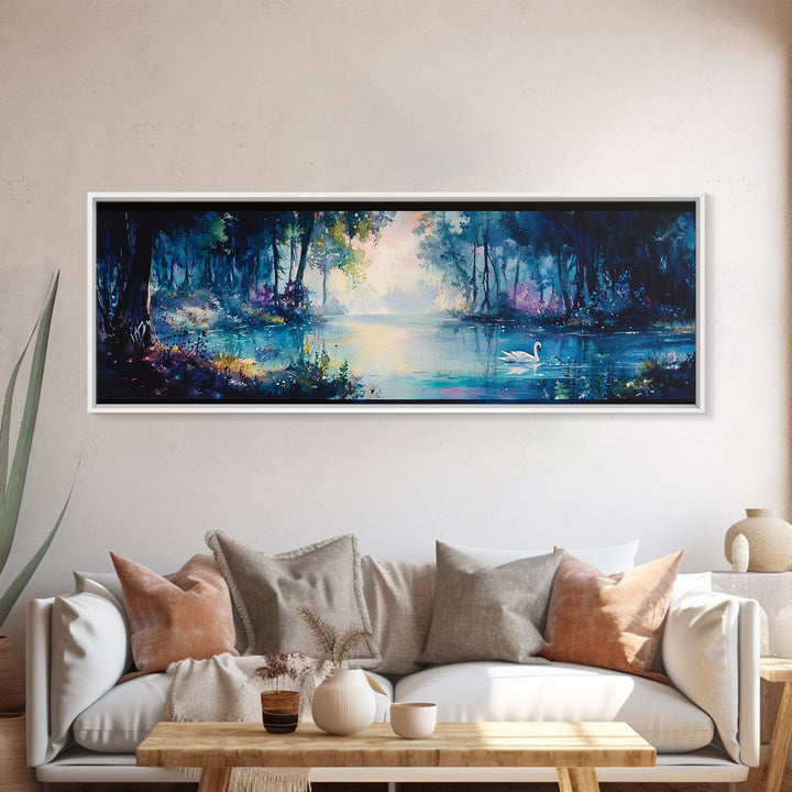 Misty Blue Forest Lake With Swan Wall Art, Moody Landscape Canvas Print, Dark Botanical Decor, Calming Living Room Art Print