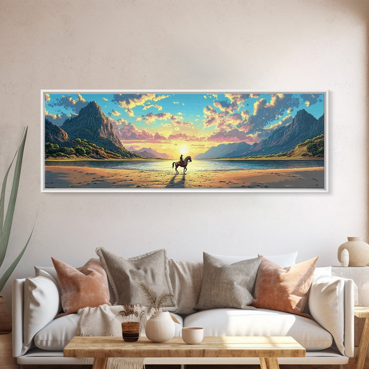 Lone Rider On Sunset Beach Wall Art, Western Coastal Landscape Canvas Print, Mountain Lake Decor, Masculine Office Art Print
