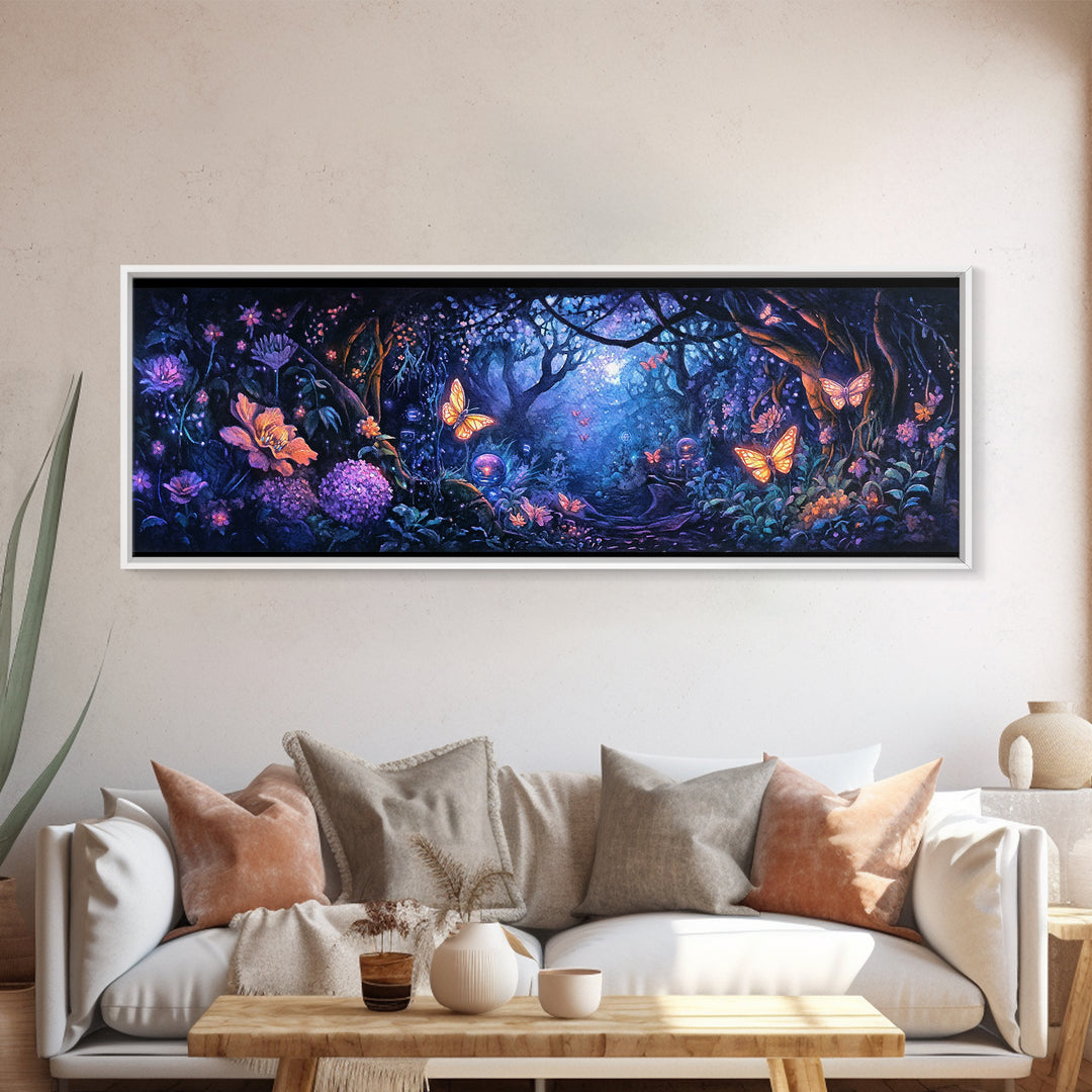 Enchanted Butterfly Forest At Twilight Wall Art, Fantasy Woodland Canvas Print, Dark Floral Decor, Whimsical Bedroom Art