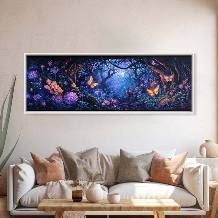 Enchanted Butterfly Forest At Twilight Wall Art, Fantasy Woodland Canvas Print, Dark Floral Decor, Whimsical Bedroom Art