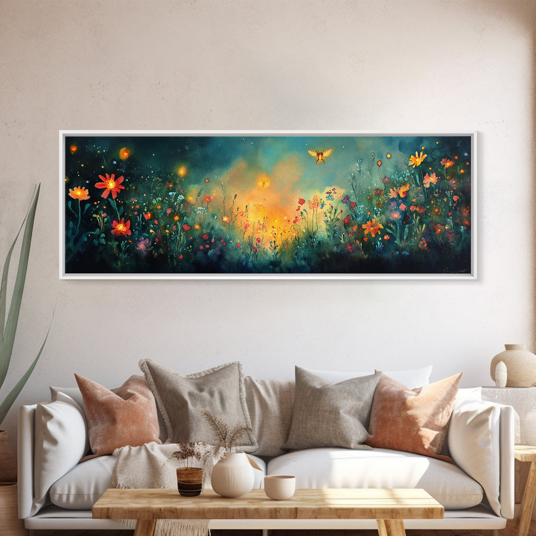 Glowing Wildflower Meadow With Fireflies Wall Art, Whimsical Floral Canvas Print, Dark Botanical Decor, Cozy Bedroom Art