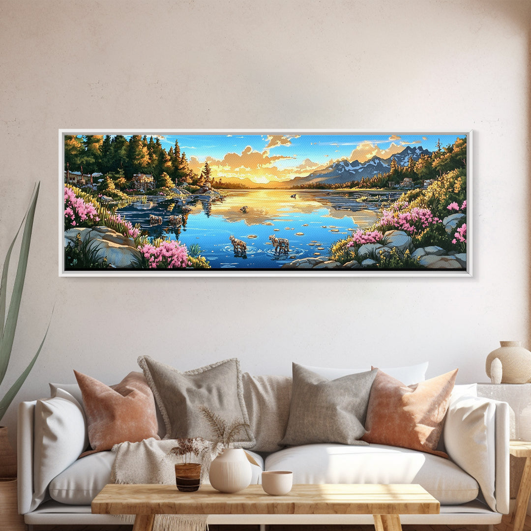 Mountain Lake Sunset With Pink Wildflowers Wall Art, Panoramic Landscape Print, Nature Decor, Living Room Wall Decor, Home Decor
