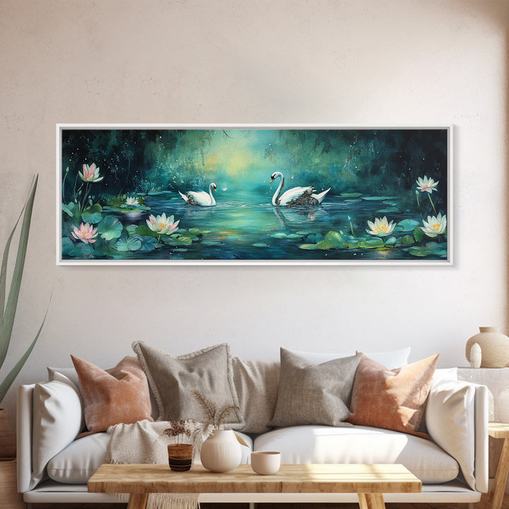 White Swans And Water Lilies Framed Canvas Print, Romantic Nature Wall Art, Elegant Bedroom Decor, Gift For Her, Living Room Art
