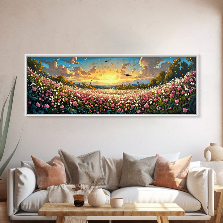 Glowing Lanterns Over Pink Flower Valley Canvas Print, Whimsical Floral Wall Art, Maximalist Decor, Living Room Decor, Home Decor