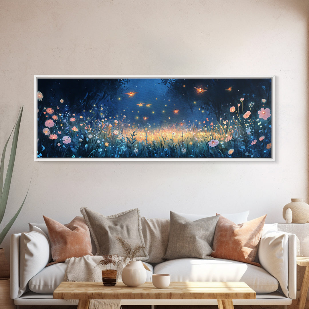 Firefly Night Meadow With Soft Wildflowers Framed Canvas Print, Whimsical Wall Art, Dark Floral Decor, Bedroom Wall Decor
