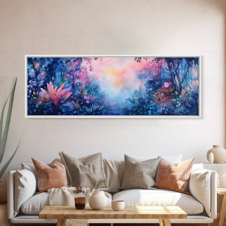 Enchanted Tropical Garden With Misty Pastel Light Wall Art, Botanical Watercolor Print, Whimsical Decor, Nature Wall Art
