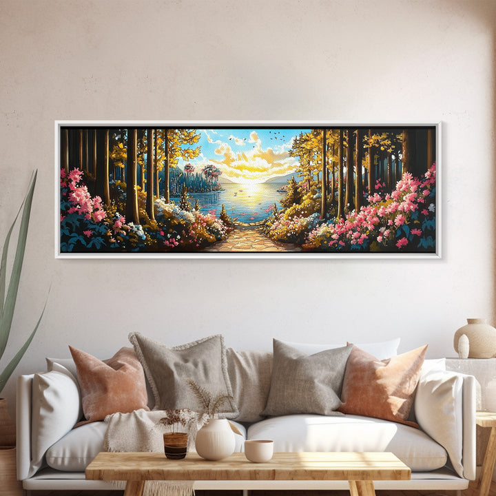 Sunlit Forest Lake Path With Pink Flowers Wall Art, Panoramic Canvas Print For Living Room Decor And Nature Home Decor Gift