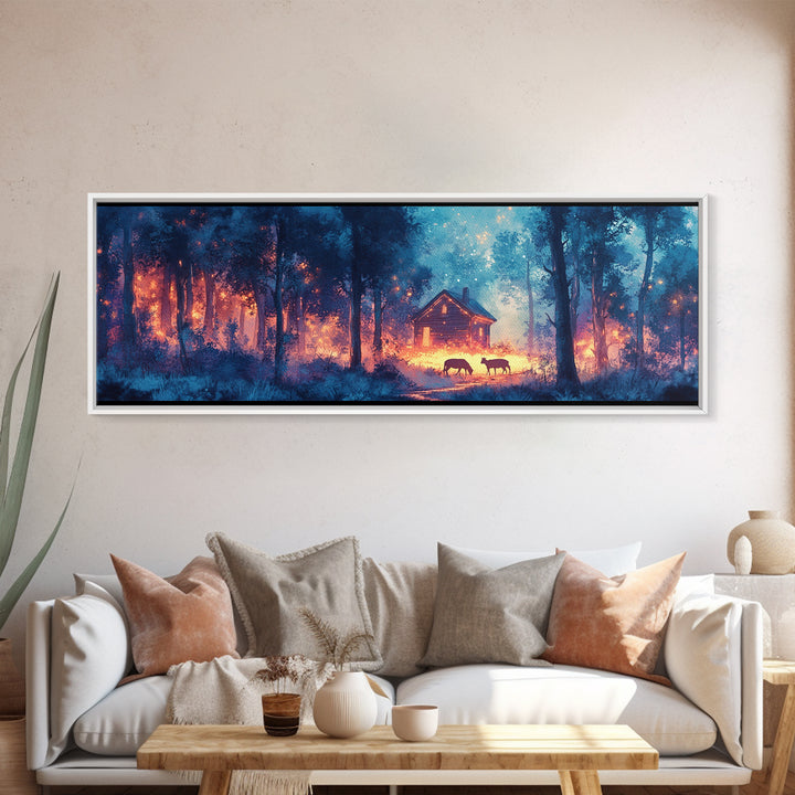 Glowing Cabin In Blue Twilight Forest Framed Canvas Print, Moody Landscape Wall Art For Rustic Home Decor And Office Decor