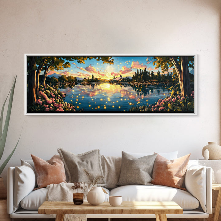 Golden Sunset Lake With Fireflies And Pink Blossoms Canvas Print, Romantic Nature Wall Art For Bedroom Decor And Home Decor