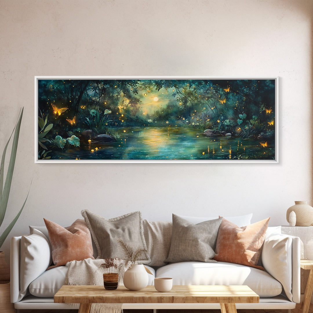 Enchanted Moonlit River With Fireflies And Butterflies Wall Art, Moody Fantasy Canvas Print For Bedroom Decor And Cozy Home Decor