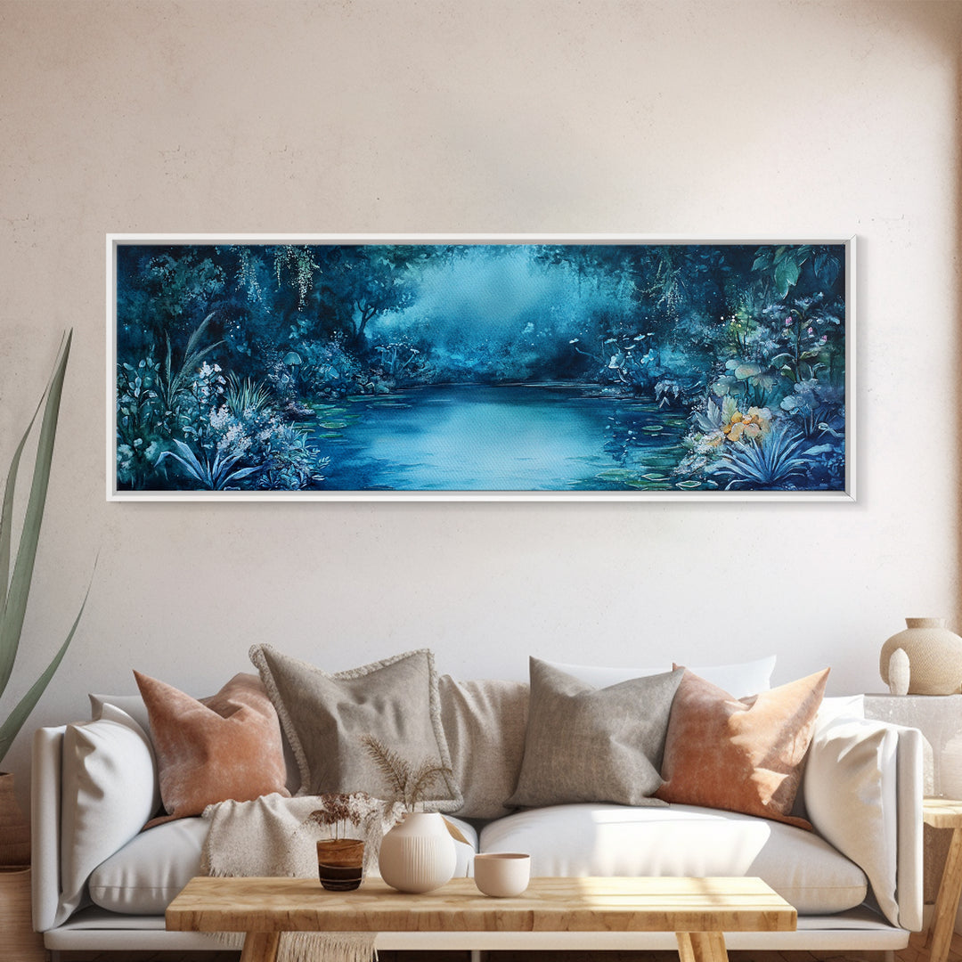 Misty Blue Jungle River With Wildlife And Orchids Canvas Print, Serene Nature Wall Art For Spa Decor And Bathroom Wall Decor