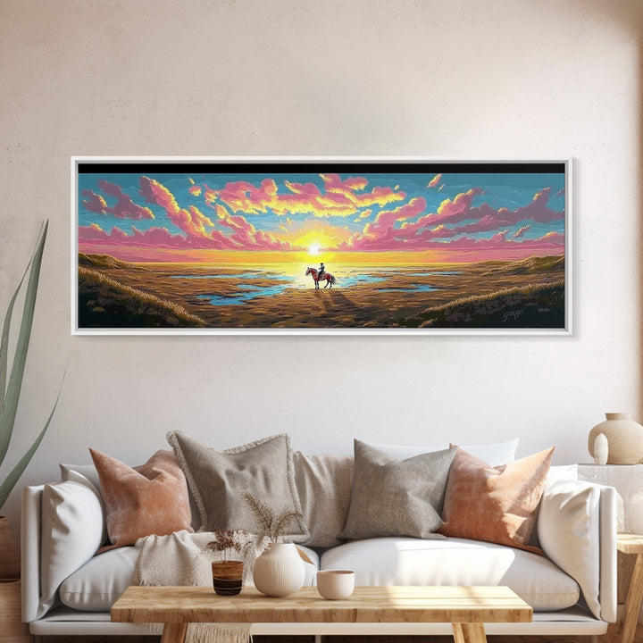 Lone Horse Rider On Sunset Beach Canvas Print, Western Coastal Wall Art For Ranch Decor, Gift For Him And Living Room Decor