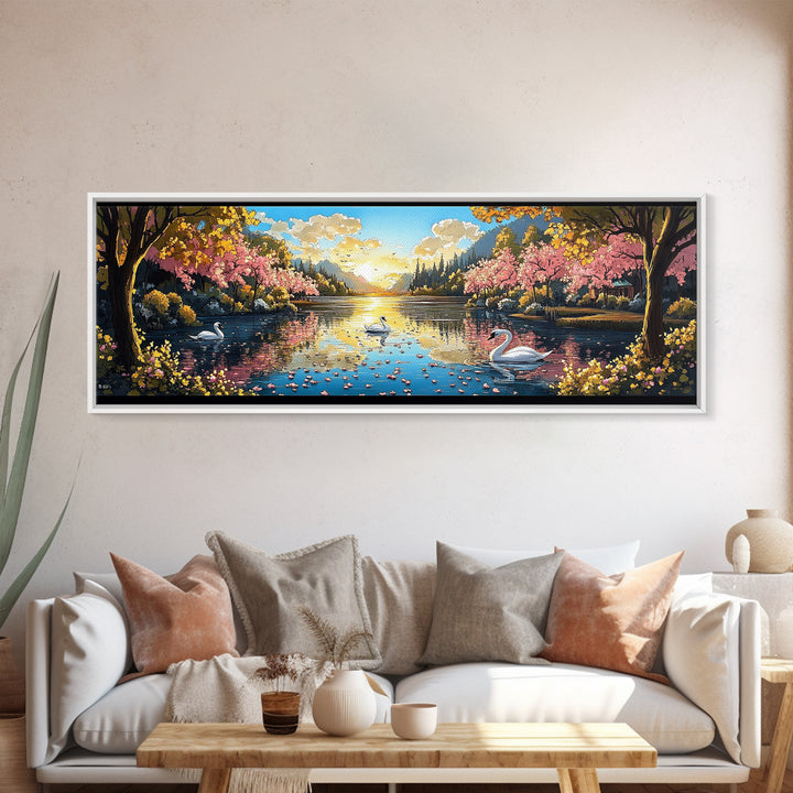 Swans On Golden Lake With Cherry Blossoms Framed Canvas Print, Romantic Landscape Wall Art For Bedroom Decor And Home Decor