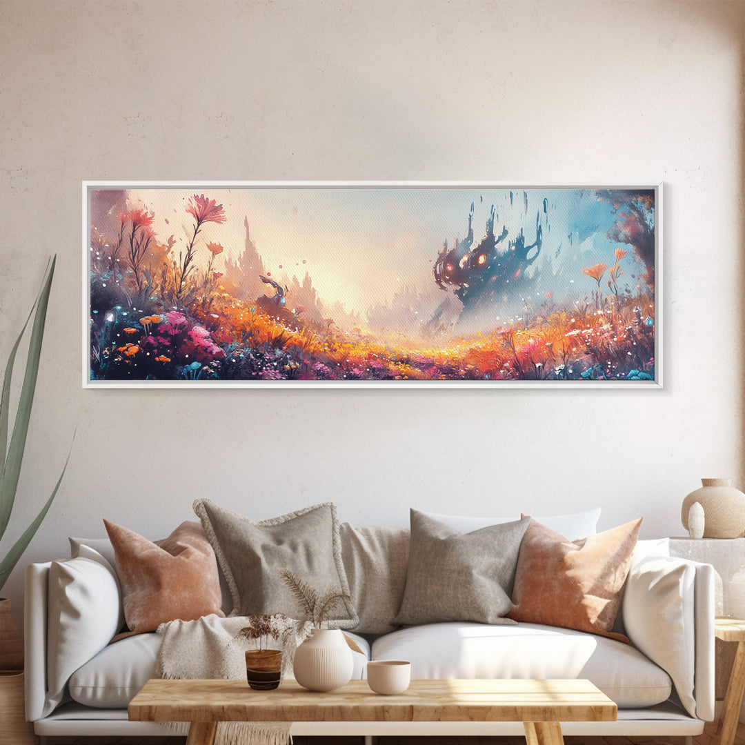 Misty Fantasy Flower Field With Dark Castle Canvas Print, Surreal Landscape Wall Art, Colorful Whimsical Bedroom Decor Gift