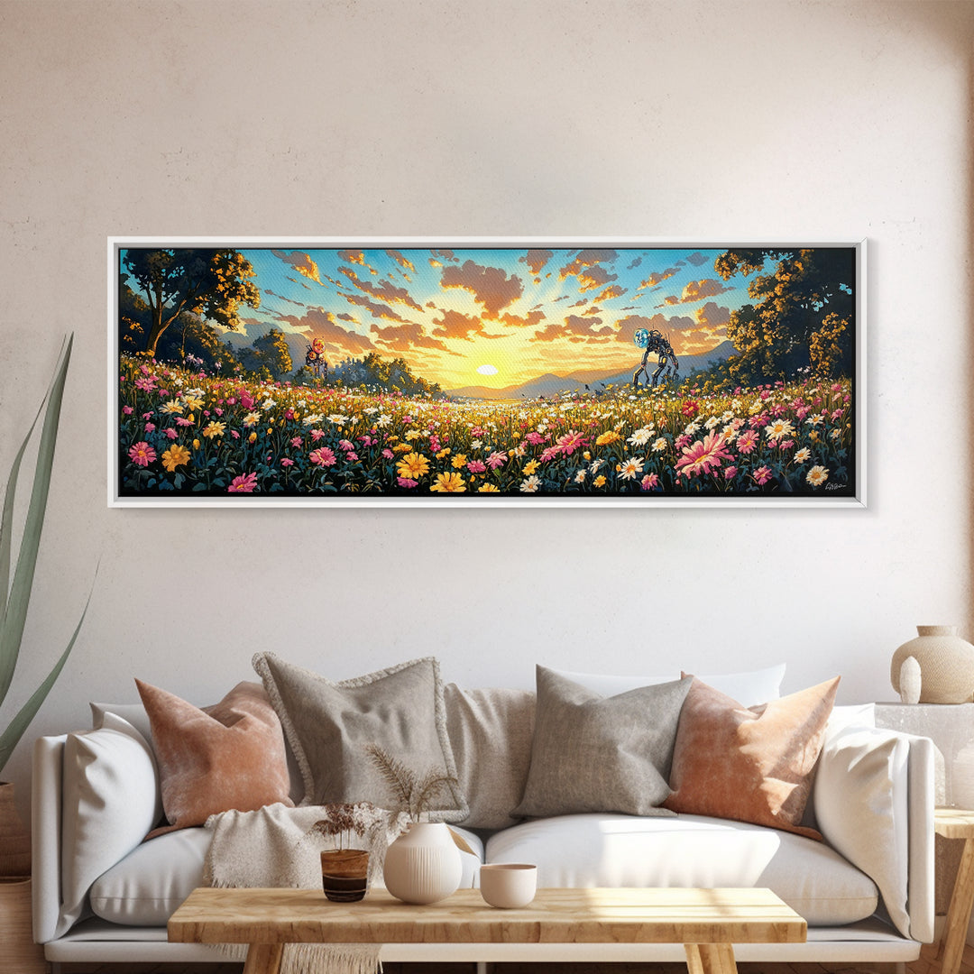 Sunrise Daisy Meadow With Tiny Robots Framed Canvas Print, Panoramic Floral Wall Art, Bright Farmhouse Living Room Decor