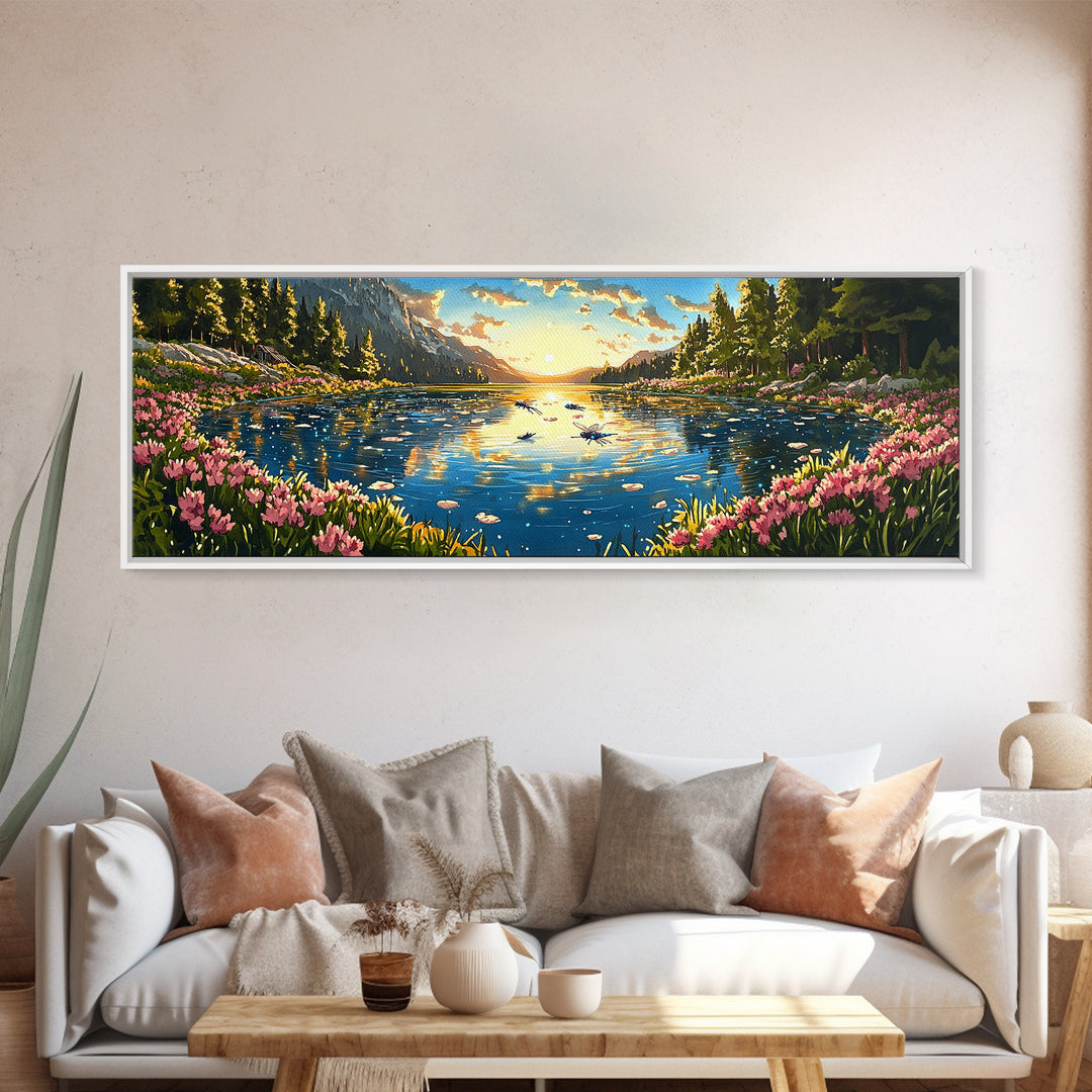 Sparkling Mountain Lake With Pink Wildflowers Canvas Print, Panoramic Landscape Wall Art, Nature Decor For Living Room Gift