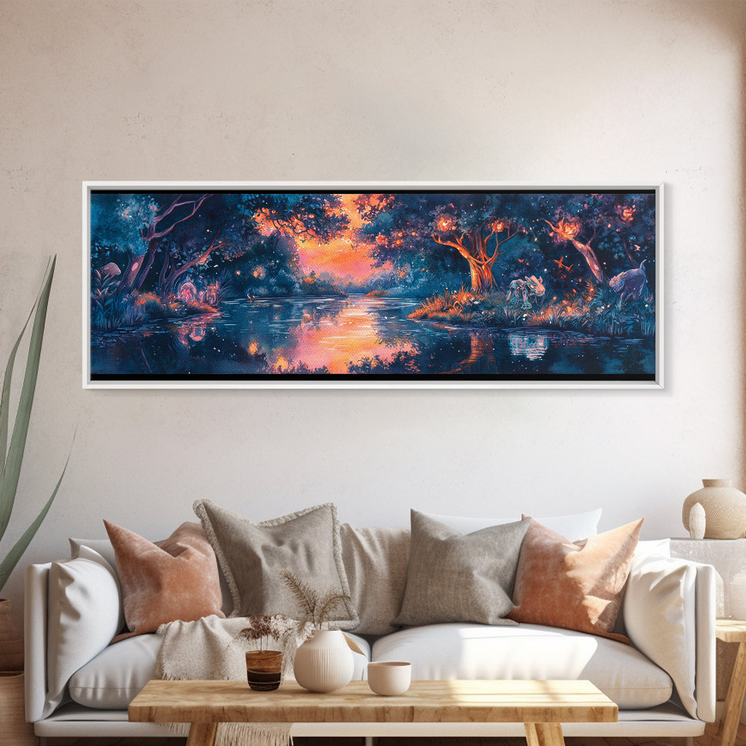 Enchanted Twilight Forest Lake Wall Art, Magical Firefly Landscape Canvas, Fantasy Woodland Decor, Panoramic Nature Print