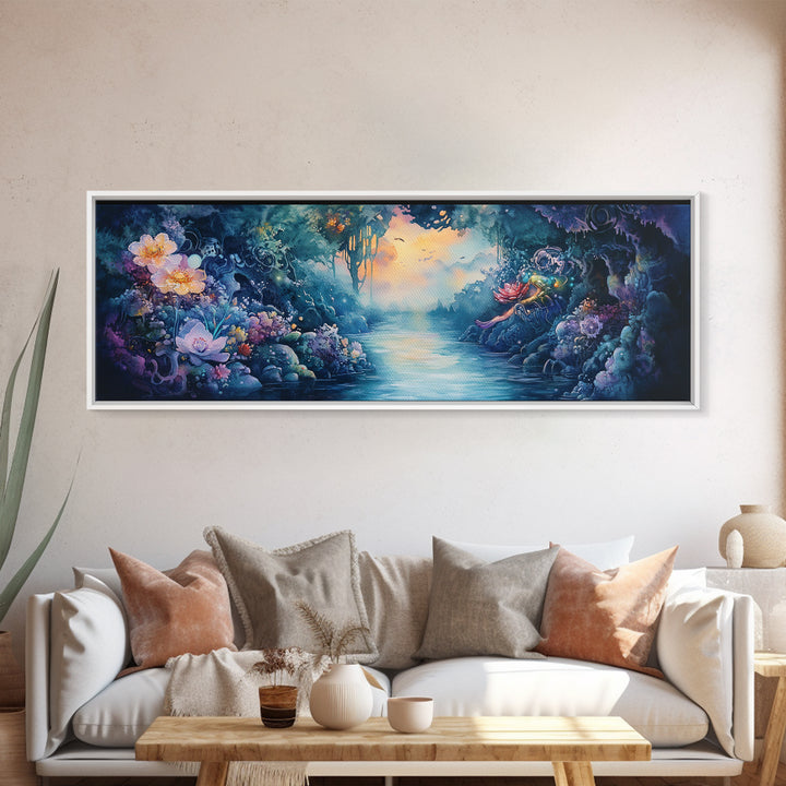 Mystical Flower Grotto River Wall Art, Fantasy Botanical Canvas Print, Whimsical Fairycore Decor, Dreamy Landscape Art Print