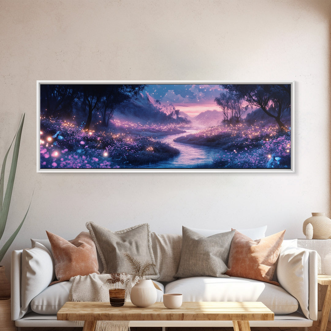 Glowing Purple Meadow Stream Wall Art, Twilight Firefly Landscape Canvas Print, Dreamy Forest Decor, Magical Nature Art Gift