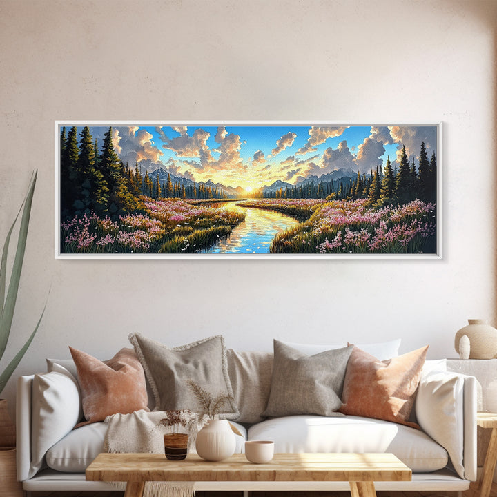 Alpine Mountain Meadow Creek Wall Art, Sunrise Wildflower Landscape Canvas Print, Cabin Decor, Living Room Wall Decor, Nature Art