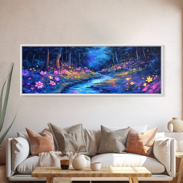 Moonlit Blue Forest Stream Wall Art, Glowing Wildflower Landscape Canvas Print, Fairy Garden Decor, Magical Nature Art Gift