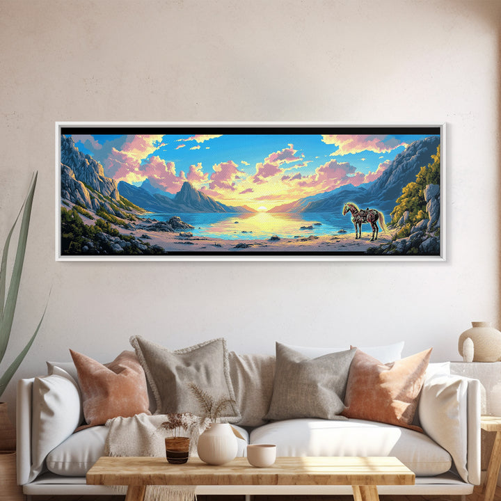 Pastel Mountain Cove With Zebra Wall Art, Fantasy Coastal Landscape Canvas Print, Surreal Beach Decor, Colorful Nature Art
