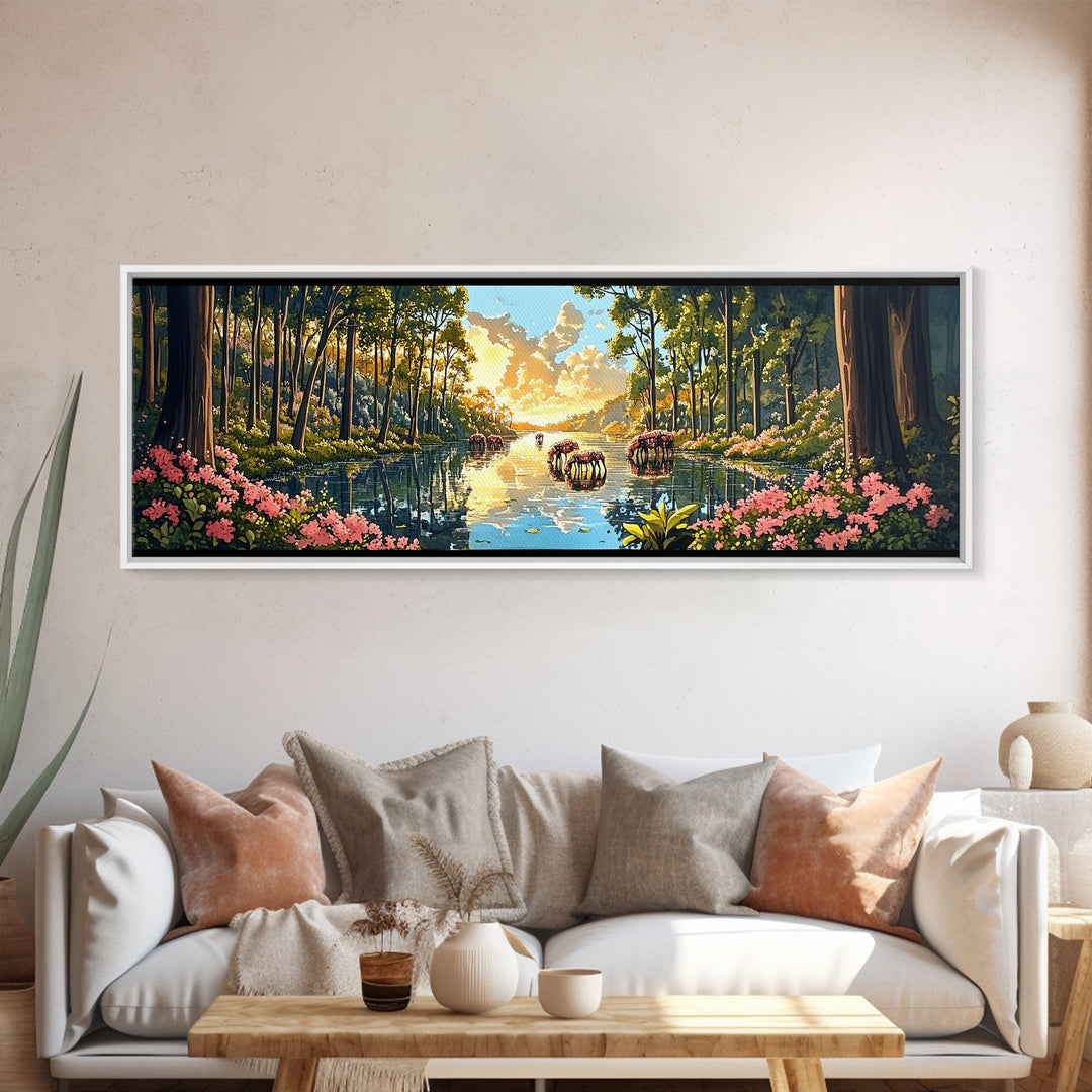 Sunlit Forest River With Wild Horses Wall Art, Panoramic Canvas Print, Nature Landscape, Living Room Decor, Housewarming Gift