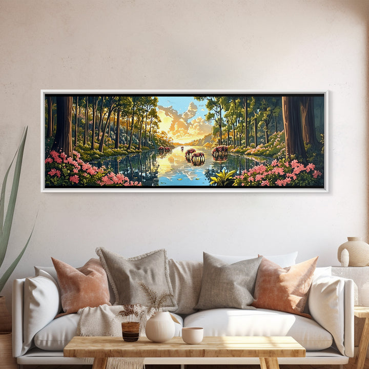 Sunlit Forest River With Wild Horses Wall Art, Panoramic Canvas Print, Nature Landscape, Living Room Decor, Housewarming Gift