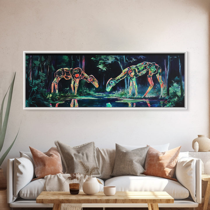 Neon Robotic Deer In Dark Forest Wall Art, Futuristic Canvas Print, Cyberpunk Decor, Sci Fi Art, Gaming Room Wall Decor, Gift For Him