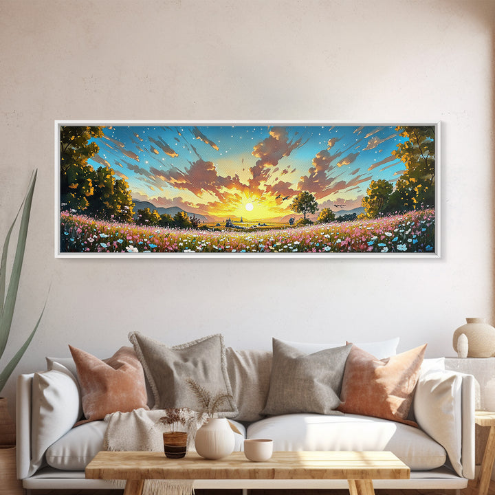 Golden Sunrise Wildflower Meadow Wall Art, Wide Horizontal Canvas Print, Landscape Art, Above Sofa Decor, Modern Home Decor