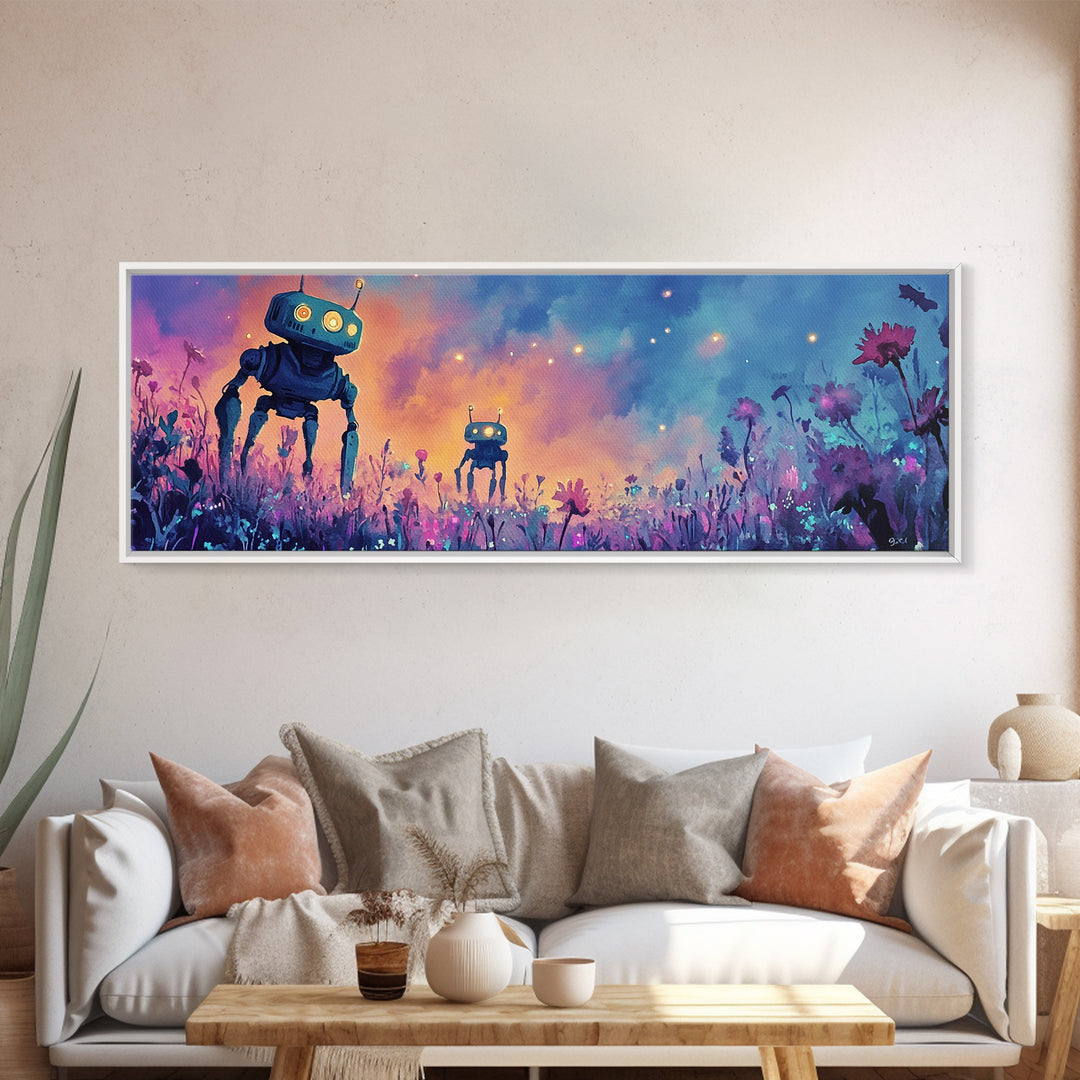 Cute Robots In Pastel Wildflower Field Wall Art, Whimsical Canvas Print, Sci Fi Decor, Kids Room Art, Unique Gift, Nursery Decor