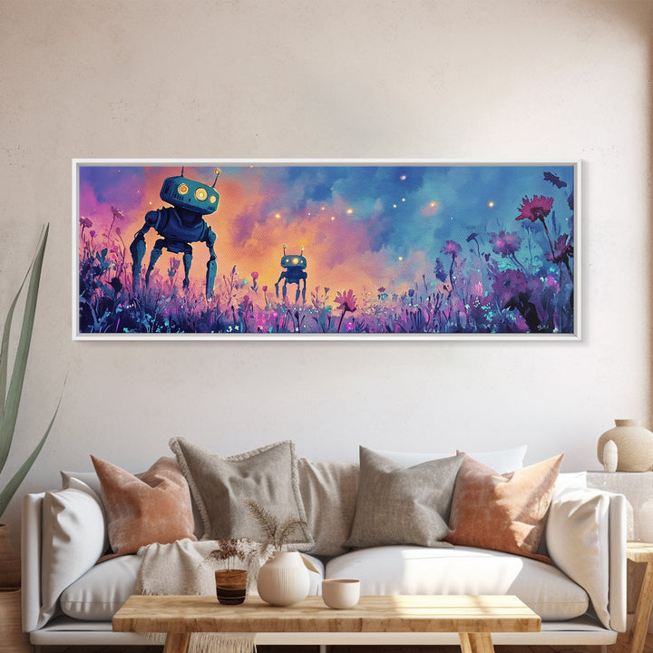 Cute Robots In Pastel Wildflower Field Wall Art, Whimsical Canvas Print, Sci Fi Decor, Kids Room Art, Unique Gift, Nursery Decor