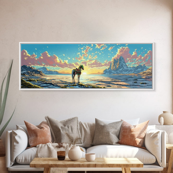Solitary Horse At Alpine Sunrise Canvas Print, Panoramic Mountain Lake Wall Art, Western Decor, Living Room Decor, Home Decor