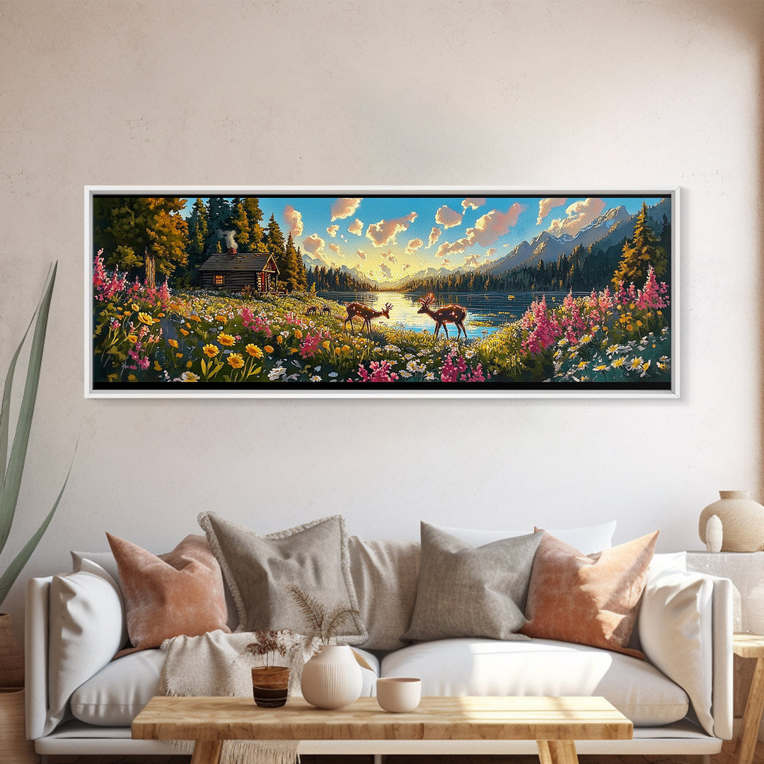 Rustic Cabin With Deer And Wildflowers Framed Canvas Print, Mountain Lake Wall Art, Farmhouse Decor, Housewarming Gift, Living Room Decor