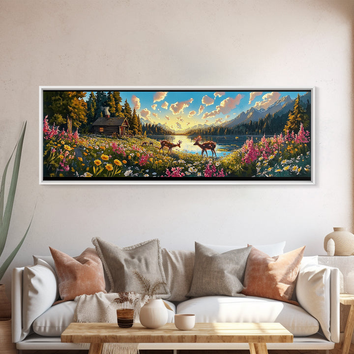 Rustic Cabin With Deer And Wildflowers Framed Canvas Print, Mountain Lake Wall Art, Farmhouse Decor, Housewarming Gift, Living Room Decor