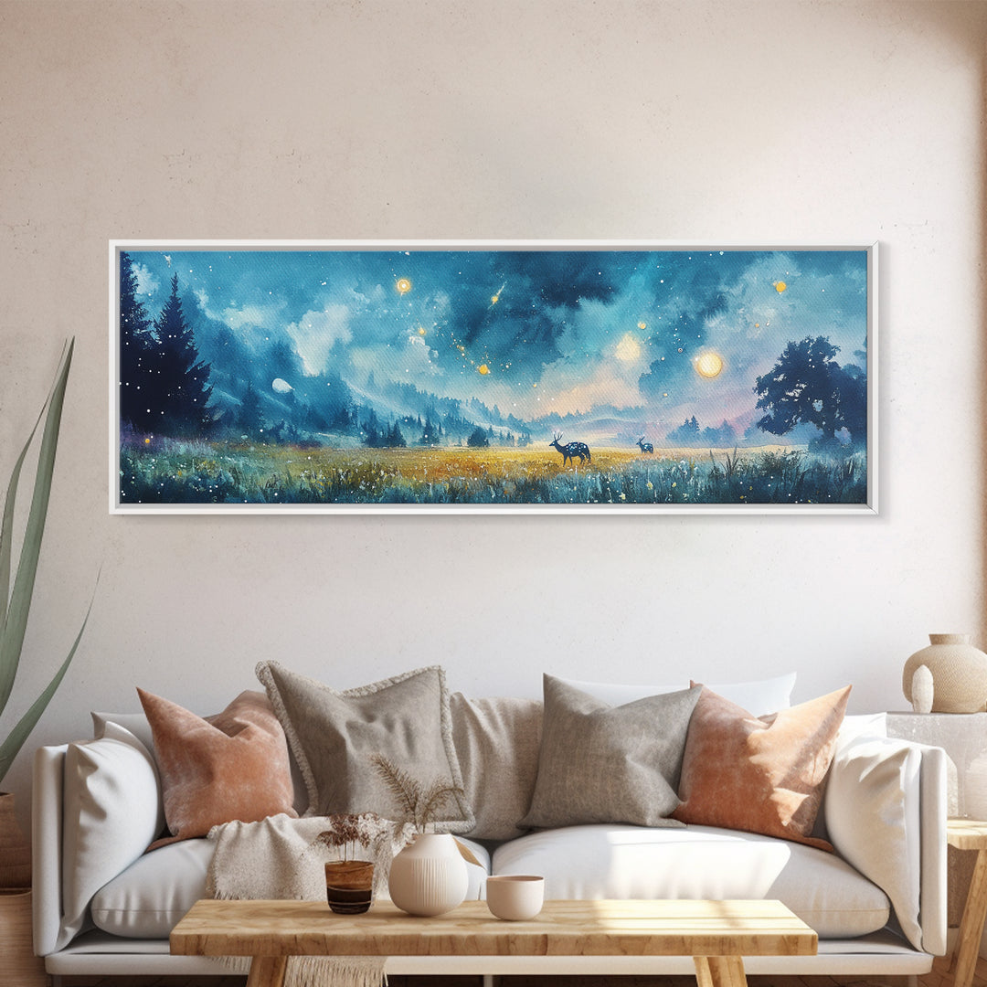 Moonlit Blue Meadow With Deer And Fireflies Wall Art, Dreamy Landscape Canvas Print, Celestial Decor, Calming Bedroom Decor