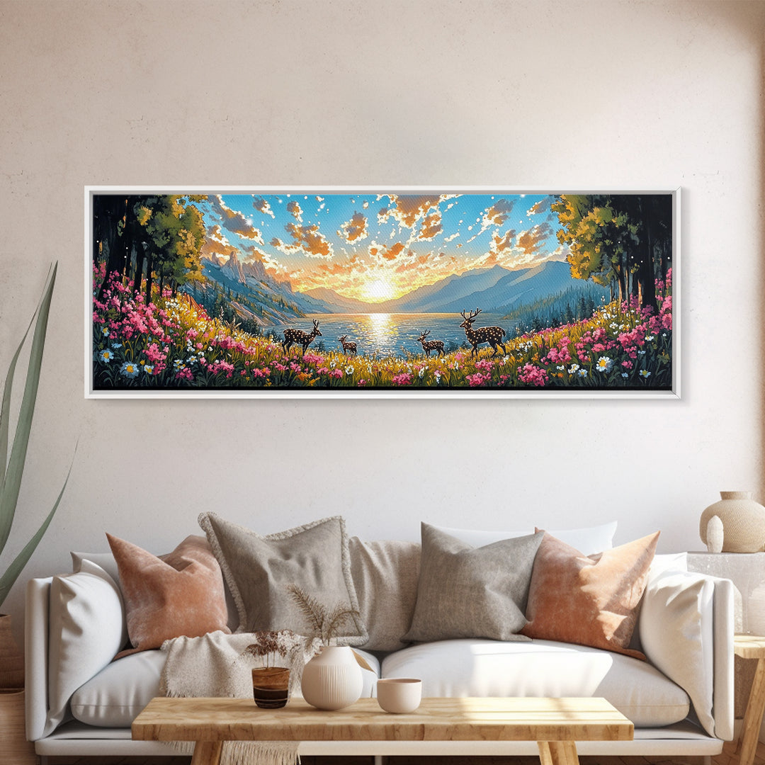 Deer Herd At Golden Alpine Lake Sunrise Wall Art, Wildflower Mountain Landscape Canvas Print, Large Living Room Decor, Housewarming Gift
