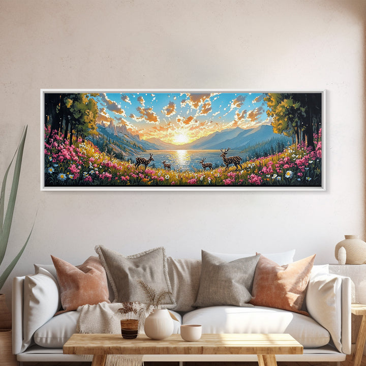 Deer Herd At Golden Alpine Lake Sunrise Wall Art, Wildflower Mountain Landscape Canvas Print, Large Living Room Decor, Housewarming Gift