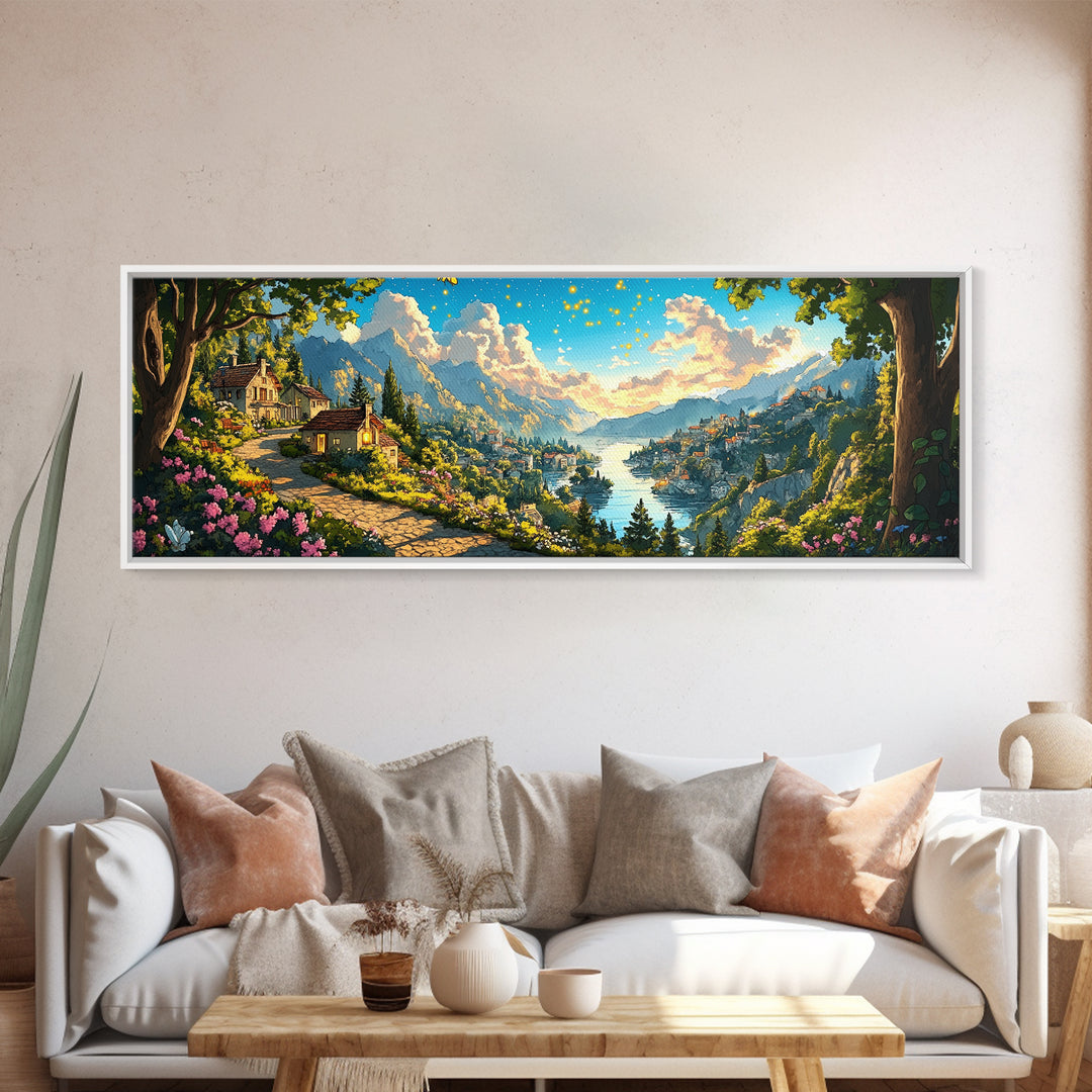Sunlit Lakeside Village And Mountain Garden Canvas Print, Italian Landscape Wall Art, Travel Poster, Elegant Home Decor, Fine Art Print