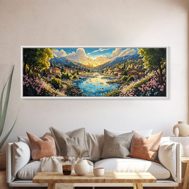 Sunny Mountain River Village With Wildflowers Wall Art, Panoramic Landscape Canvas Print, Rustic Home Decor, Above Sofa Art