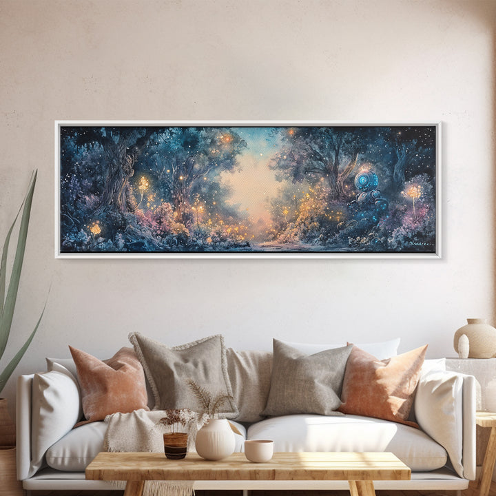 Enchanted Blue Forest With Glowing Fireflies Wall Art, Fantasy Landscape Canvas Print, Magical Woodland Living Room Decor