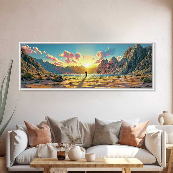Radiant Mountain Sunrise Valley With Lone Wanderer Wall Art, Panoramic Landscape Canvas Print, Large Modern Living Room Decor