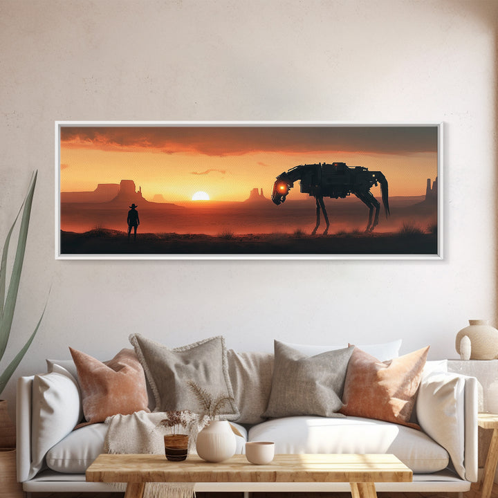 Cyberpunk Cowboy And Mechanical Horse At Sunset Wall Art, Sci Fi Western Canvas Print, Desert Landscape Man Cave Office Decor
