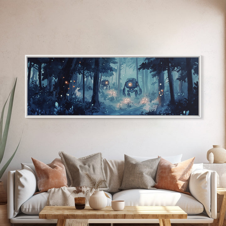 Misty Blue Forest Robots With Glowing Lantern Eyes Wall Art, Sci Fi Fantasy Canvas Print, Moody Woodland Home Office Decor