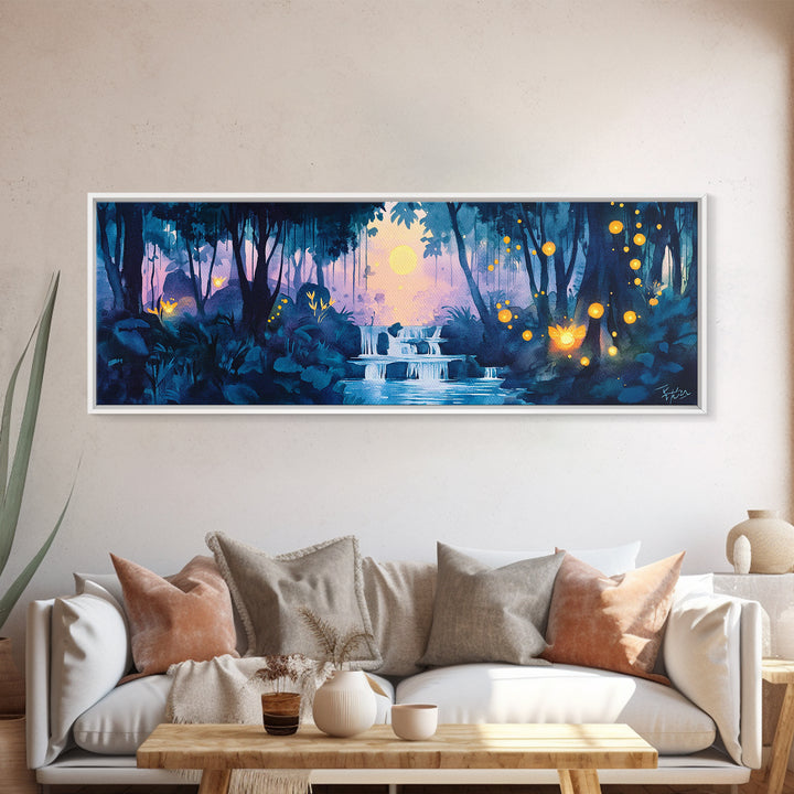 Moonlit Blue Jungle Waterfall With Glowing Fireflies Wall Art, Fantasy Watercolor Canvas Print, Whimsical Bathroom Decor