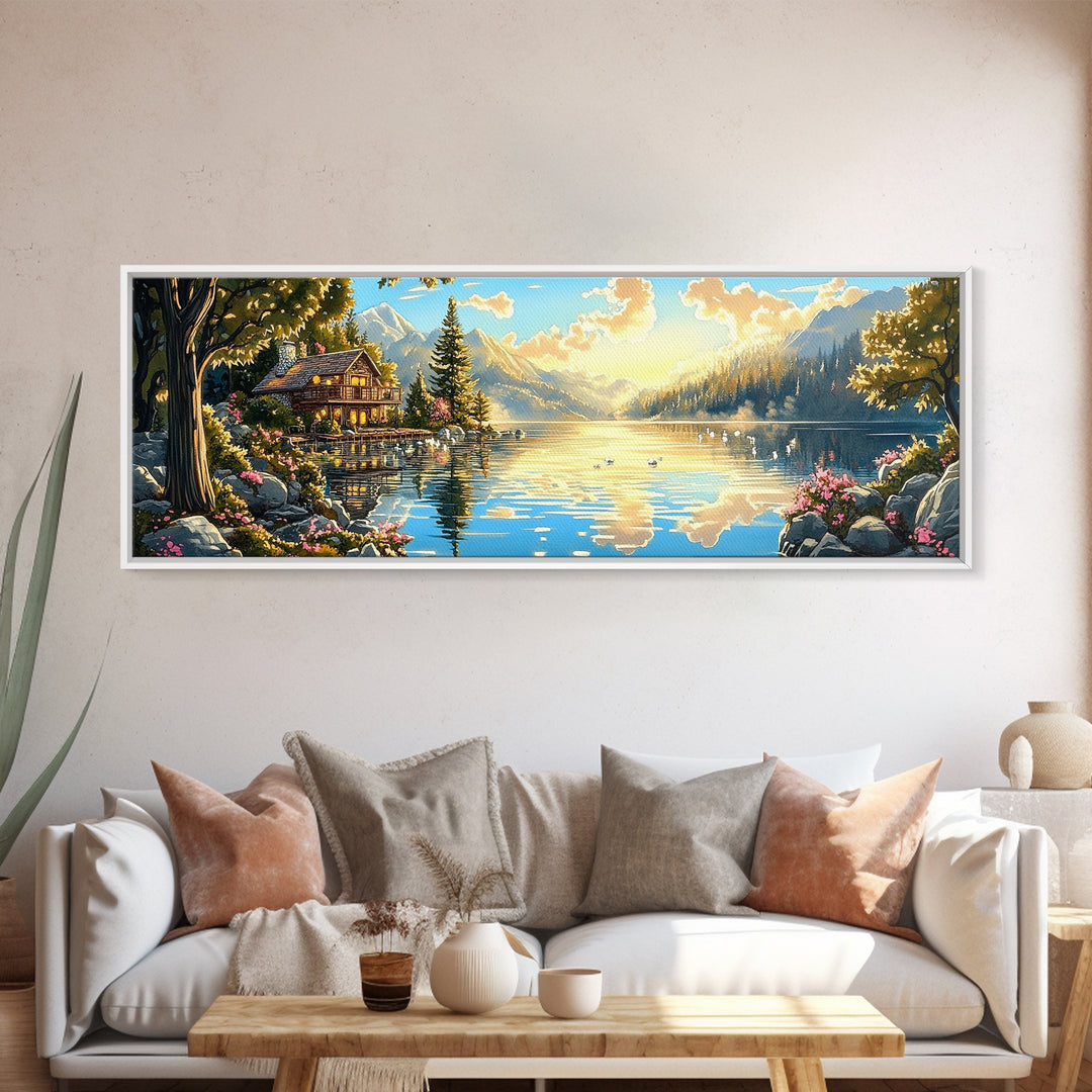 Alpine Lake Cabin With Mountain Reflections Wall Art, Panoramic Landscape Canvas Print, Rustic Lodge Home Living Room Decor